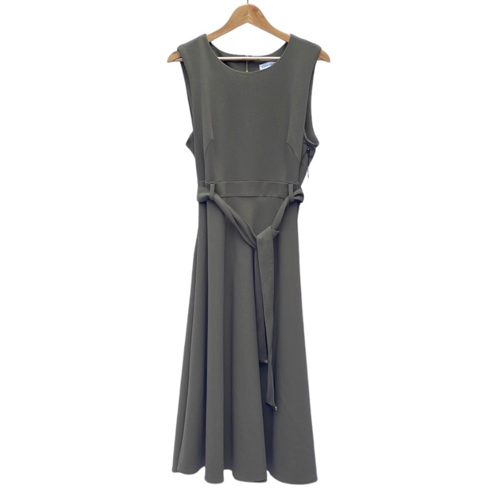 Calvin Klein Olive Army Green Sleeveless Fit and Flare Belted Midi Dress Size 12